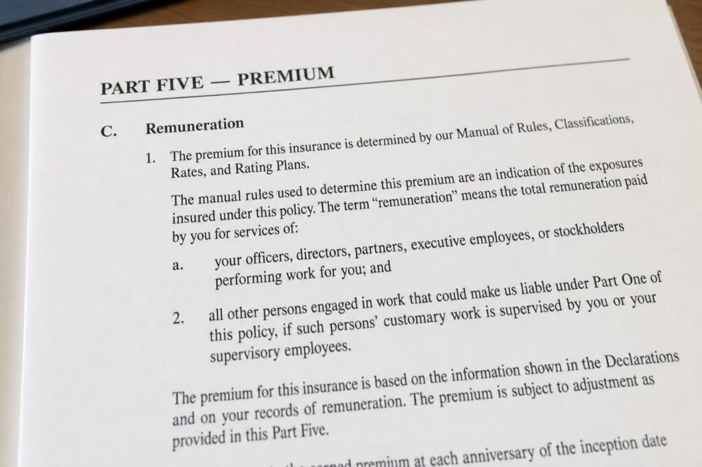 Standard workers' compensation policy showing Part Five, Section C — Remuneration
